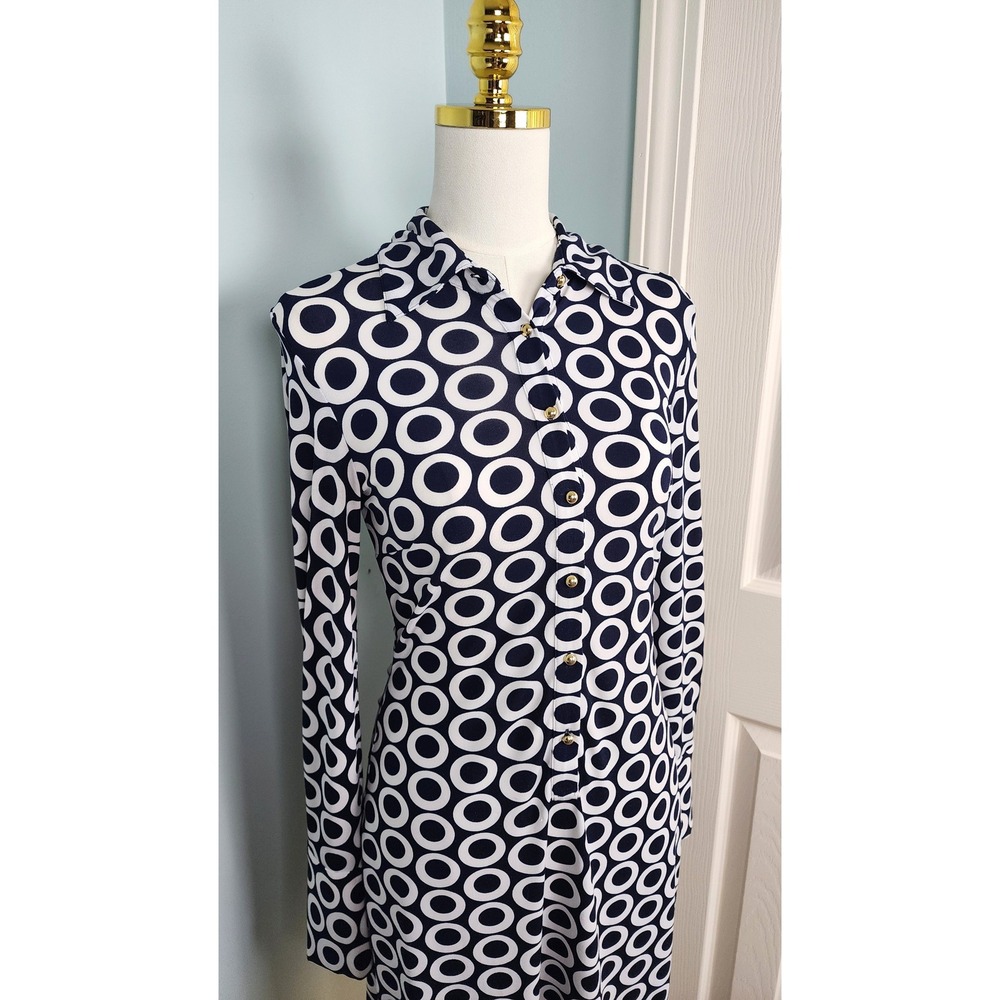 INC International Concepts Shirt Dress Womens Small Navy Blue White Circle Print